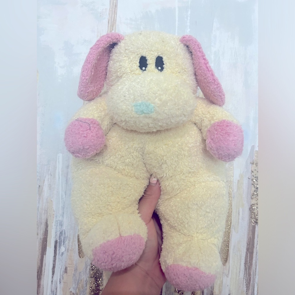 1999 TY Beanie Baby Puppy Dog Plush Sitting Yellow Pink Dog Blue Nose